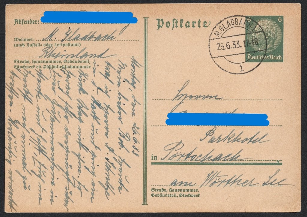 Duitse Rijk - briefkaart 1933 - Mönchen Gladbach stempel, Verzenden, Briefkaart