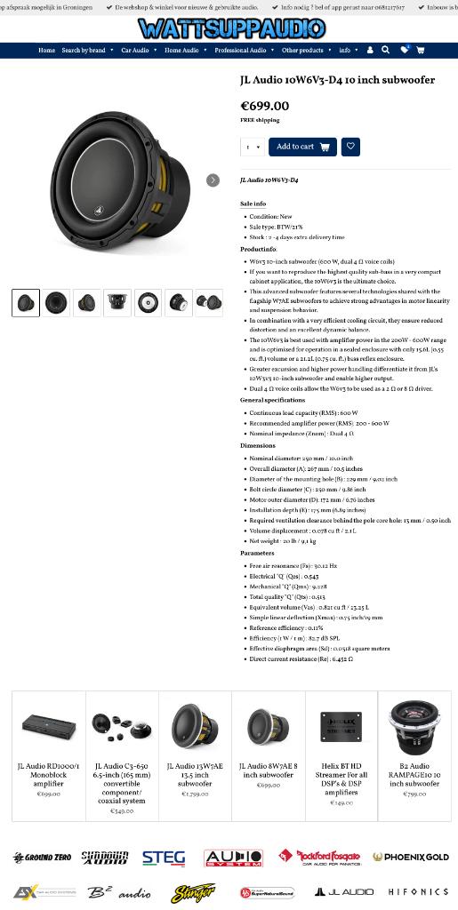 JL Audio 10W6V3-D4 10 inch subwoofer JL W6, Hifi-Focus, Aalsmeerderweg 173 1432 CL, Aalsmeer, Nieuw, Ophalen of Verzenden