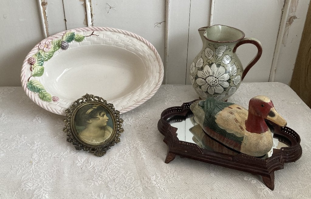 Brocante Kan - vaas / Onderzetter met spiegel / eendje hout, Ophalen