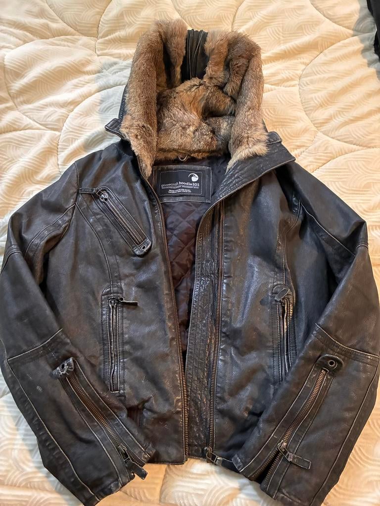 Goosecraft leren jack met konijnenbont capuchon - Maat M, Ophalen of Verzenden, Gedragen, Maat 38/40 (M), Bruin