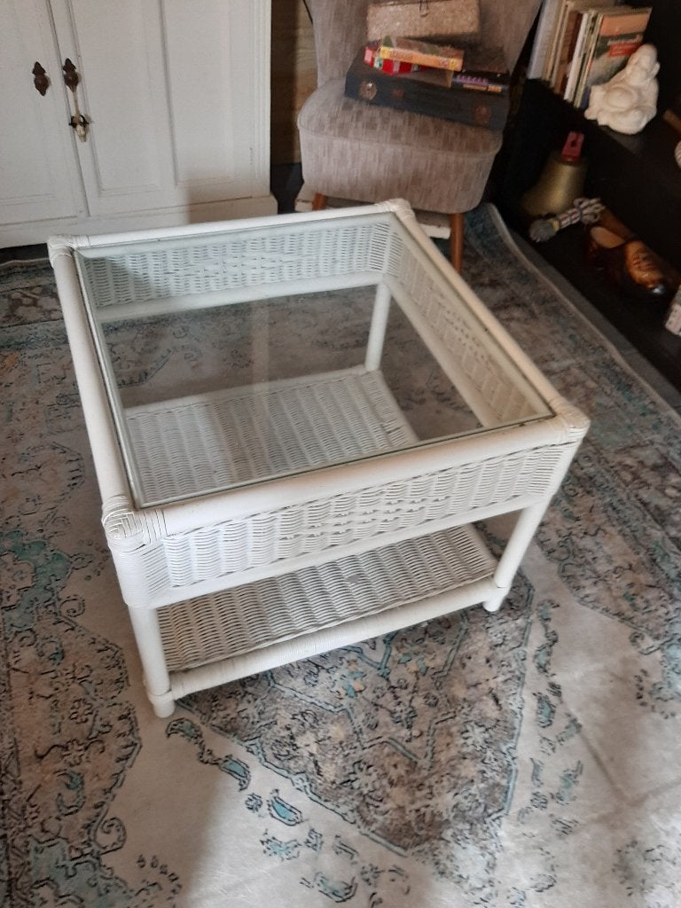 salon tafel pitriet/ glas als nieuw hagelwit, Ophalen, 50 tot 100 cm, Vierkant, 50 tot 100 cm