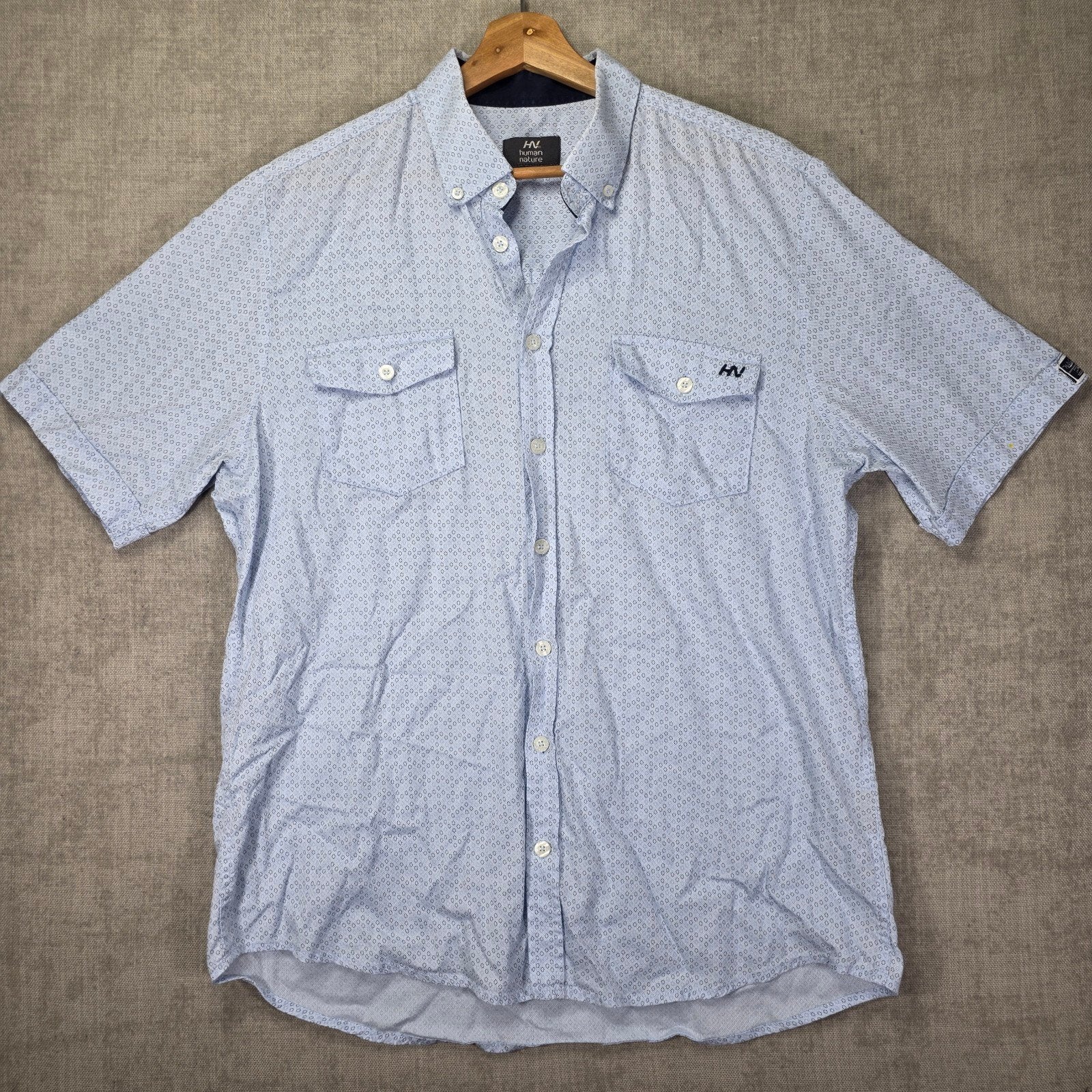 Human Nature Overhemd Korte Mouw Blauw/Wit Patroon Maat L, Kleding | Heren, Blauw, Ophalen of Verzenden, Halswijdte 41/42 (L)