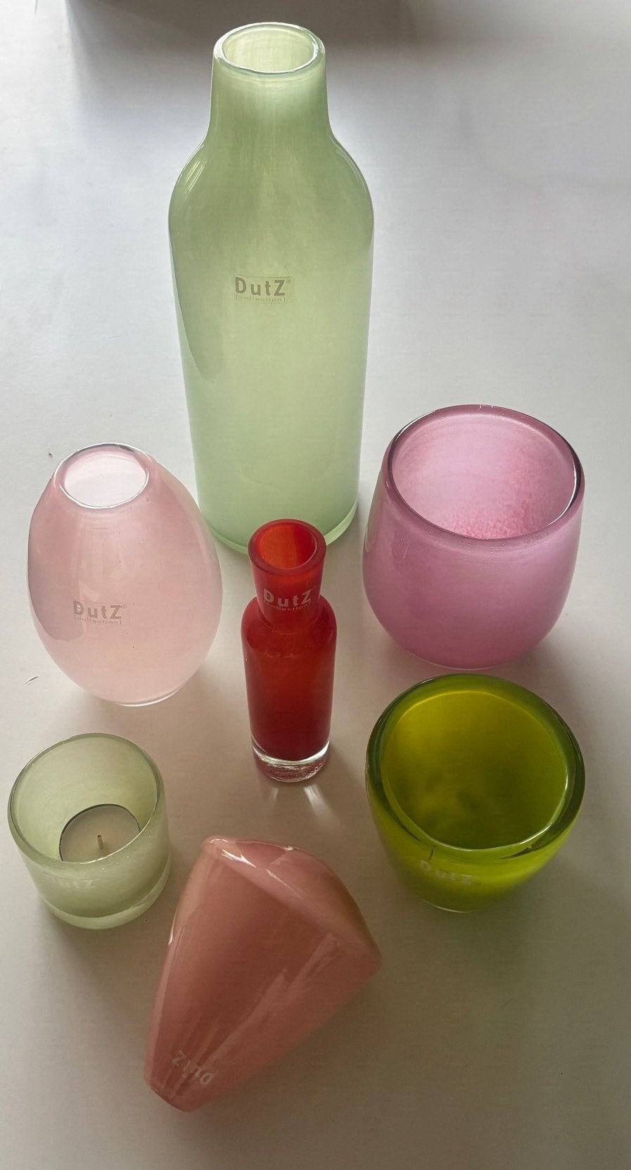 DUTZ Vazen - Fleurige set van 7 - Bubbles groen/roze/Rood, Ophalen of Verzenden, Zo goed als nieuw, Meerkleurig, Glas