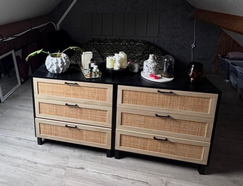 Stijlvolle ladekasten met rotan details, Ophalen, 5 laden of meer, 100 tot 150 cm, 150 tot 200 cm