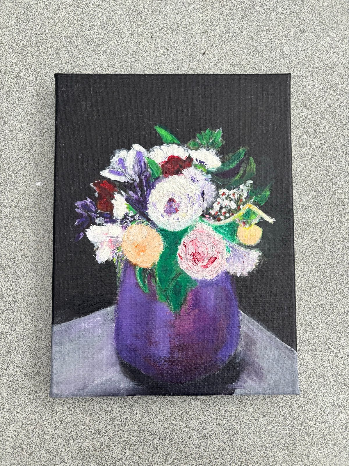 Zelfgemaakt olieverfschilderij: Bloemen in paarse vaas, Bloemen, Doek, Expressionistisch, Ophalen of Verzenden