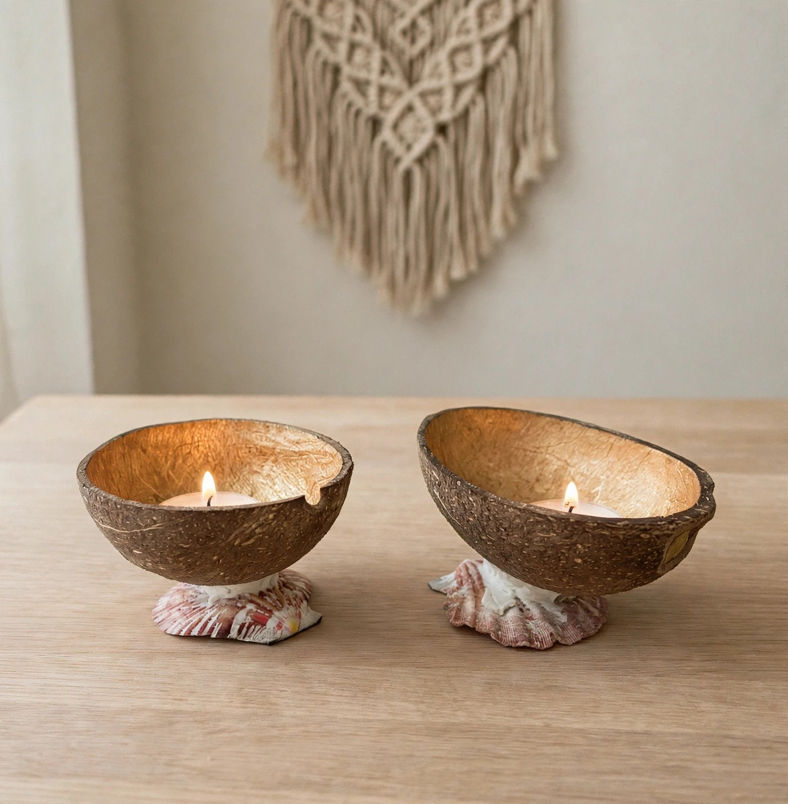 waxinelichthouder kokosnoot & schelp - Boho deco goud, Meerkleurig, Overige merken, Natuurlijk materiaal, Waxinelichthouder