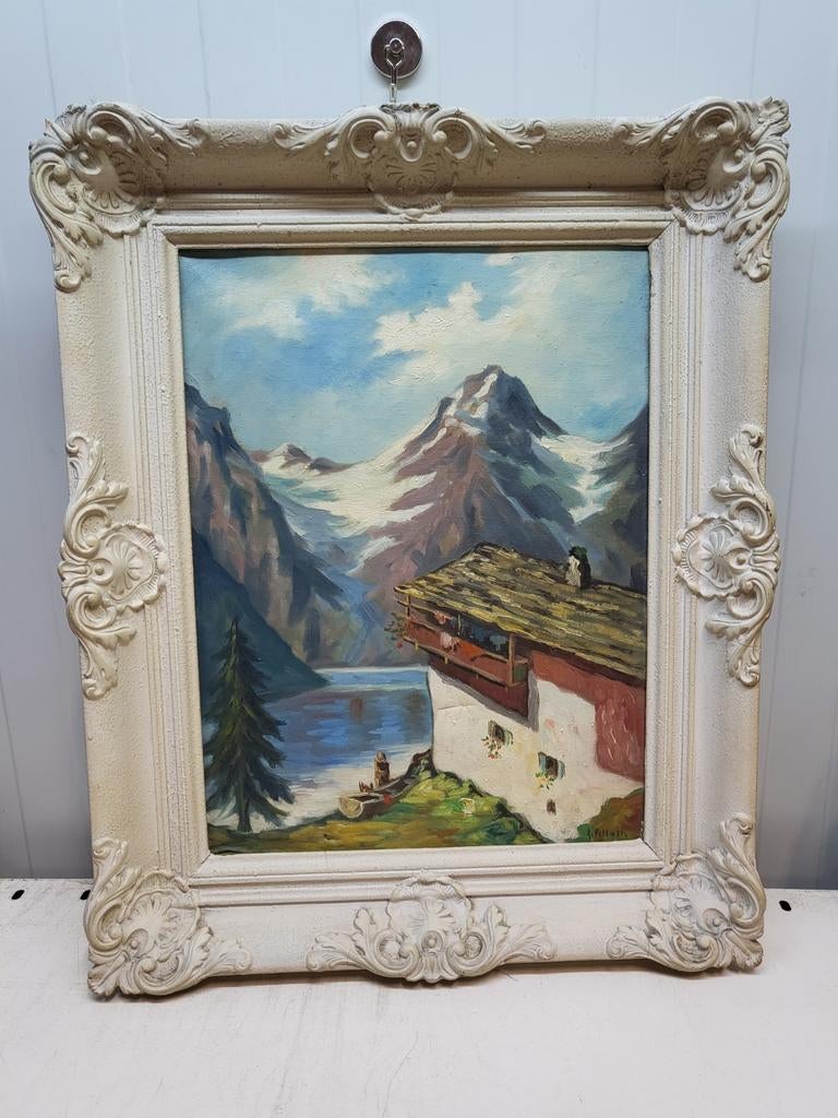 Olieverfschilderij Alpenlandschap met chalet en meer, Ophalen of Verzenden