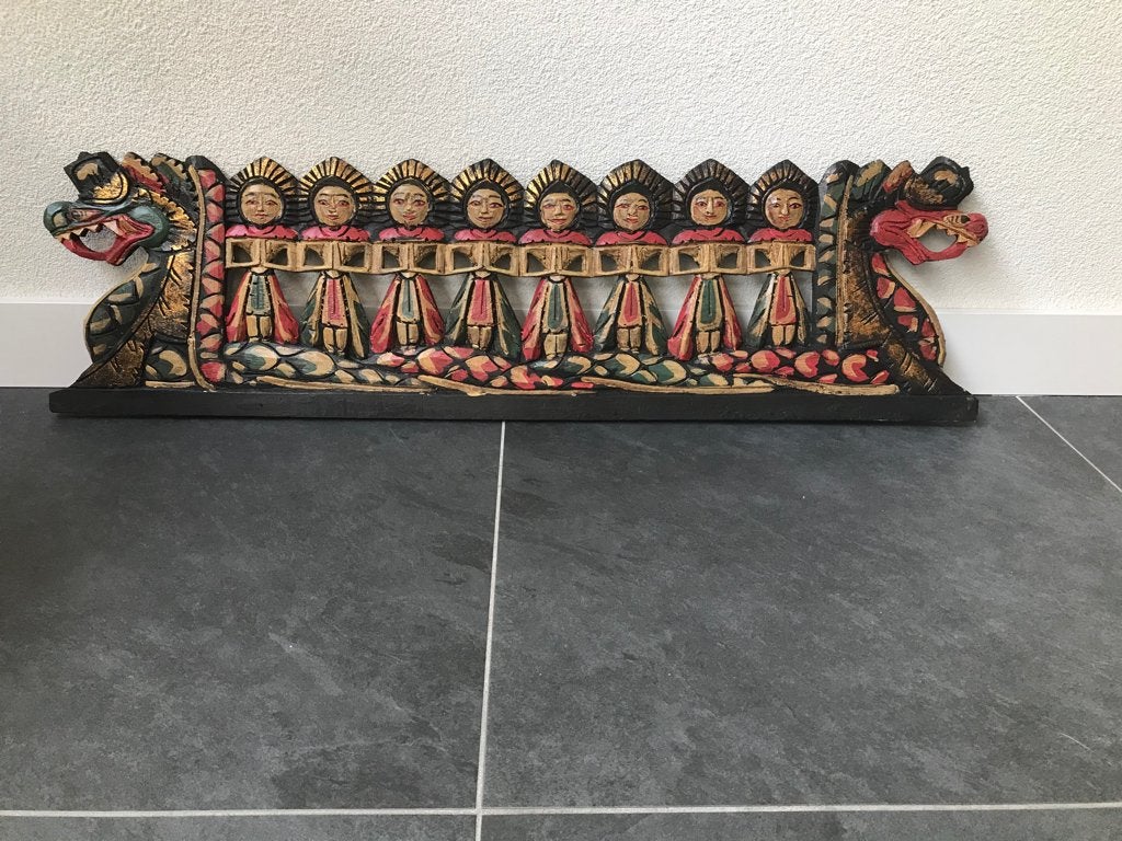 Balinese trouwstoet wandpaneel houtsnijwerk indonesie draak, Huis en Inrichting, Verburgt Vintage, Hout, Meerkleurig, Ophalen of Verzenden