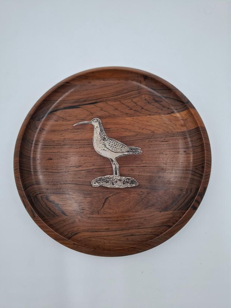 Vintage Palisander wandbord met sterling zilveren vogel, Antiek en Kunst, Antiek | Goud en Zilver, Ophalen of Verzenden, Zilver