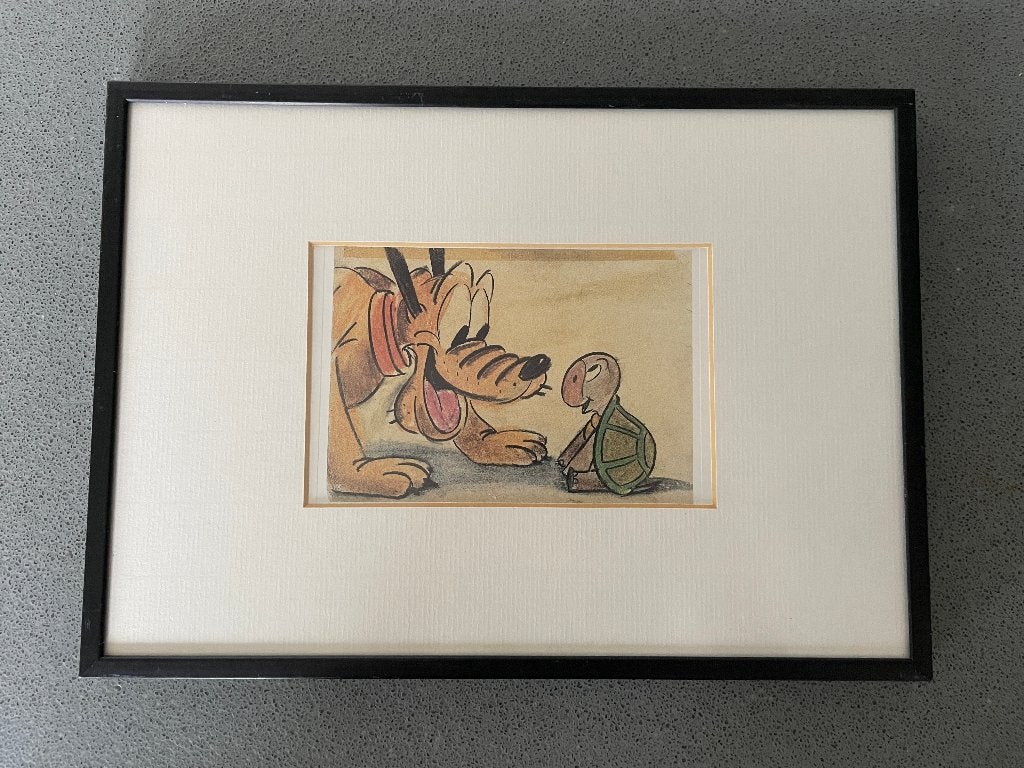 Leuke vintage litho Pluto in lijst met passe-partout 1947, Ophalen, Goofy of Pluto, Zo goed als nieuw, Overige typen