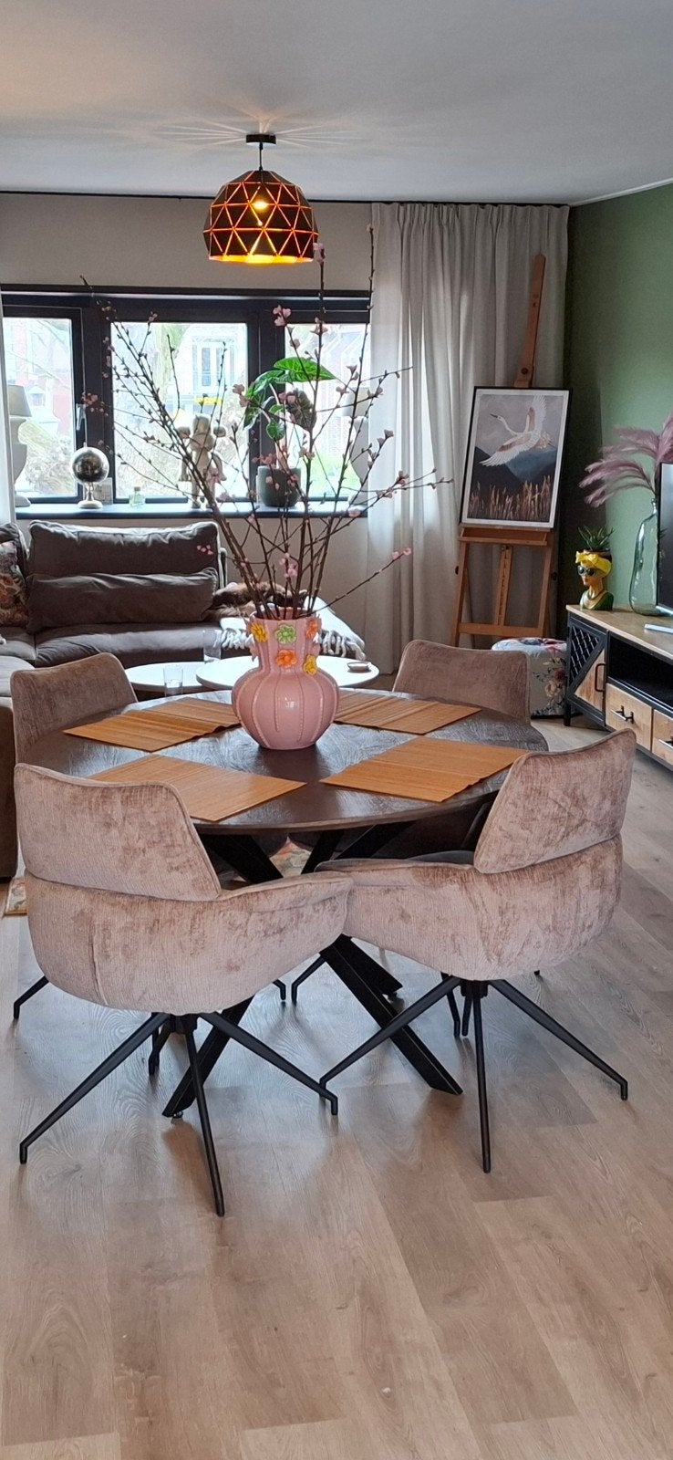 Mango houten eettafel mét 4 champagne kleur stoelen!, Ophalen, Gebruikt, Rond, Vier personen