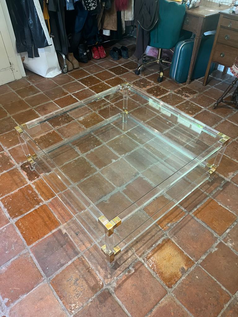 Salontafel Glas Messing Vintage ‘70, Huis en Inrichting, Tafels | Salontafels, Gebruikt, 100 tot 150 cm, Vierkant, Glas
