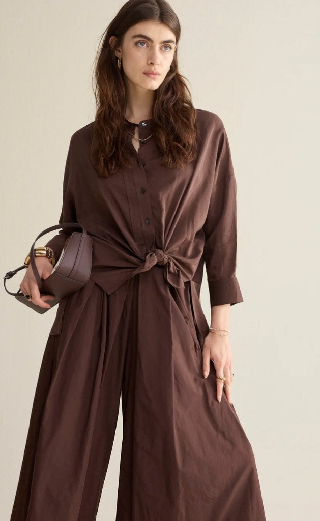 Summum mooie donkerbruine glansblouse wear-your-way M, Maat 38/40 (M), Summum Woman, Bruin, Verzenden