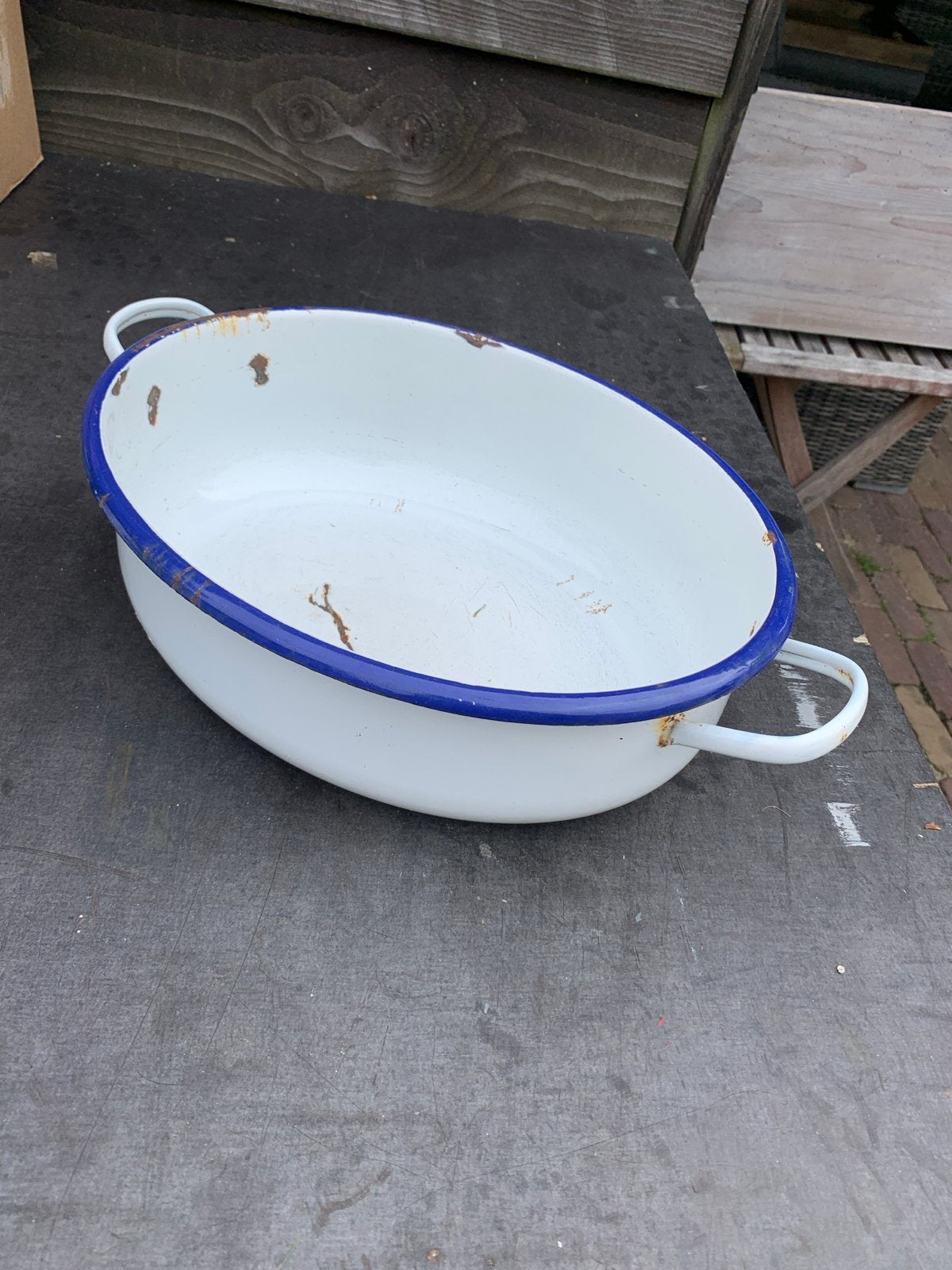 Vintage geëmailleerde schaal met handvaten, Ophalen of Verzenden