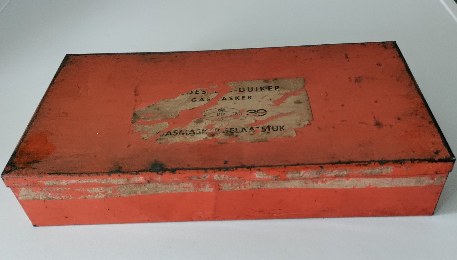 Gasmaskerdoos,Oranje, Vredestein Duiker,1939,deksel,box,WO 2, Ophalen of Verzenden, Landmacht, Nederland, Overige typen