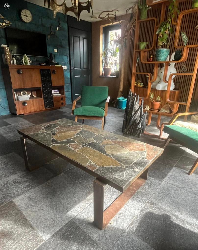 Brutalischische salontafel, metaal met natuursteen, Ophalen, Huis en Inrichting