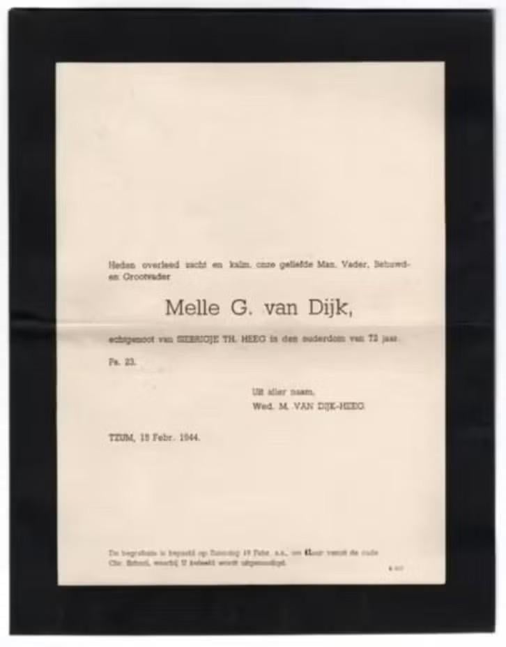 Rouwbrief Tzum Van Dijk, Heeg 1944., Ophalen of Verzenden, Rouwkaart