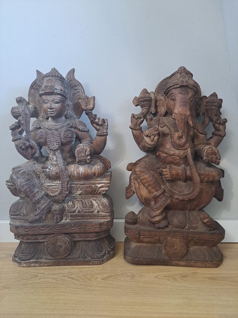 Unieke set: Handgesneden houten Ganesha & Durga/Mariamman, Ophalen, Houtsnijwerk, 50 - 100 cm, Handgemaakt