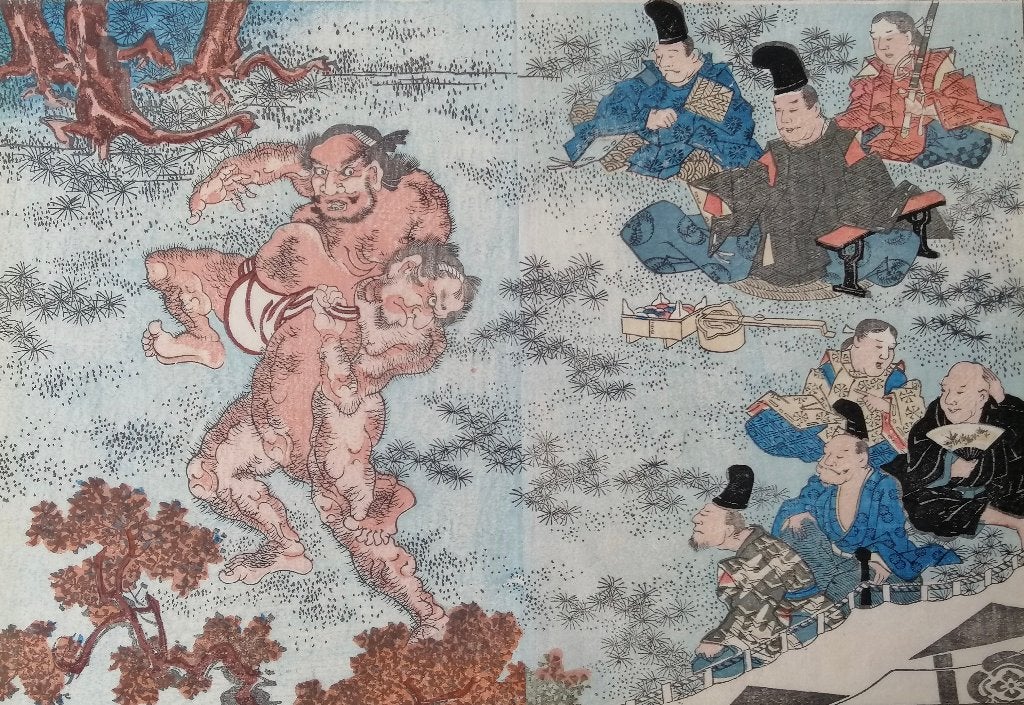Japanse houtsnede Busei Worstelaars met toeschouwers, Met passe-partout, 1800 - 1899, Mythologie, Ophalen of Verzenden