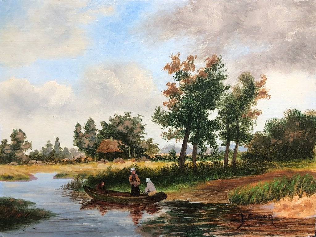 J. Croon Schilderij (olieverf) op houten paneel 'Veerbootje', Ophalen of Verzenden
