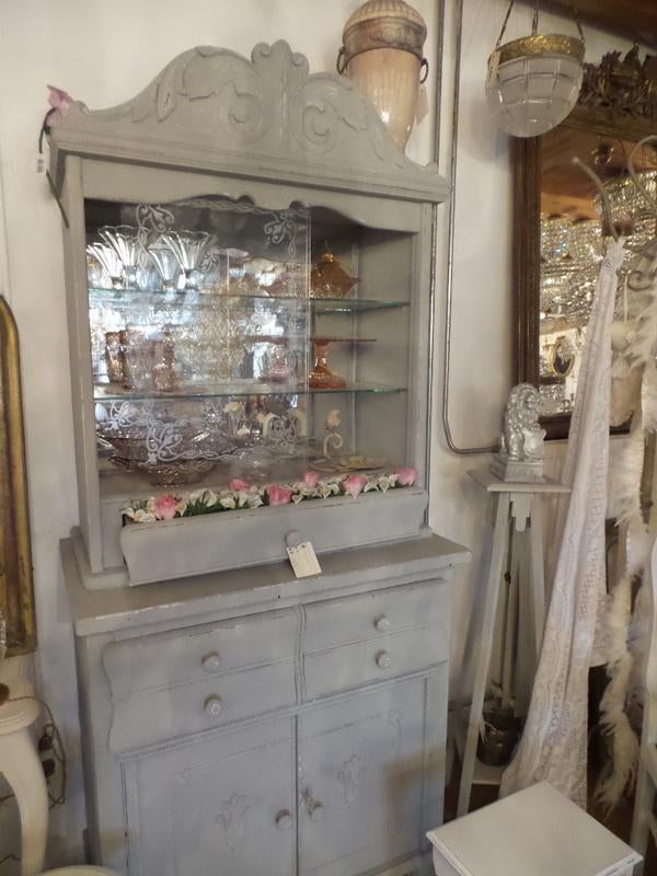 Mooie oude gerestylde kast, (2delig) kleur antiek grijs, Ophalen, Glas, Gebruikt, Met deur(en)