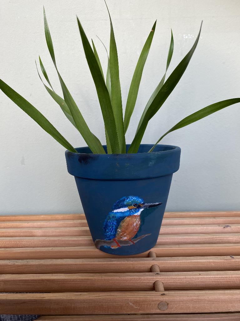 Handbeschilderde Bloempot Vogel Ijsvogel, Rond, Ophalen of Verzenden, Zo goed als nieuw, Aardewerk