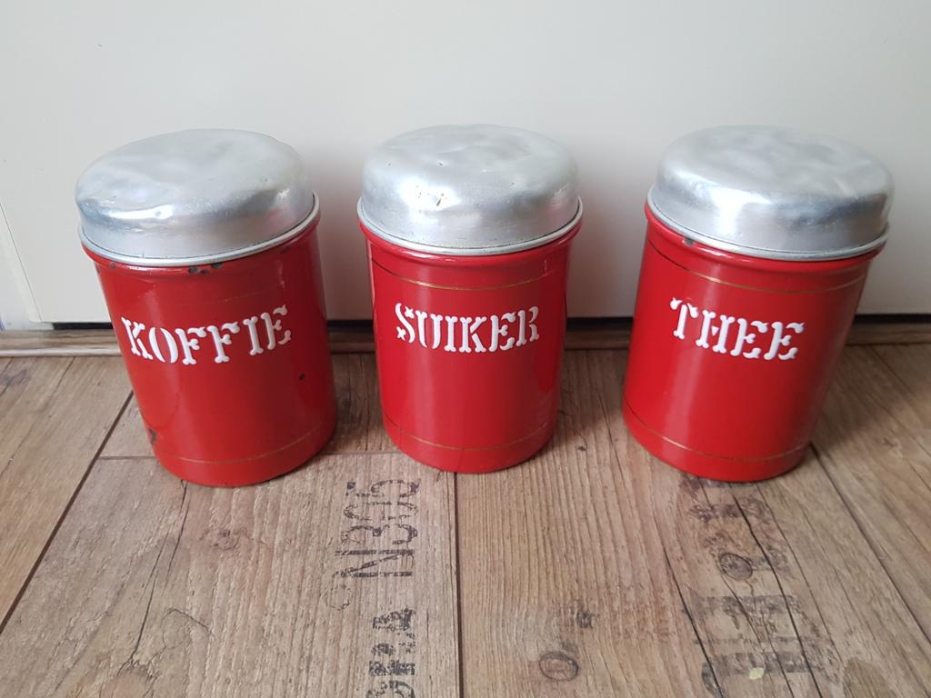 Emaille koffie thee suiker voorraadbussen rood, Antiek en Kunst, Antiek | Emaille, Ophalen of Verzenden