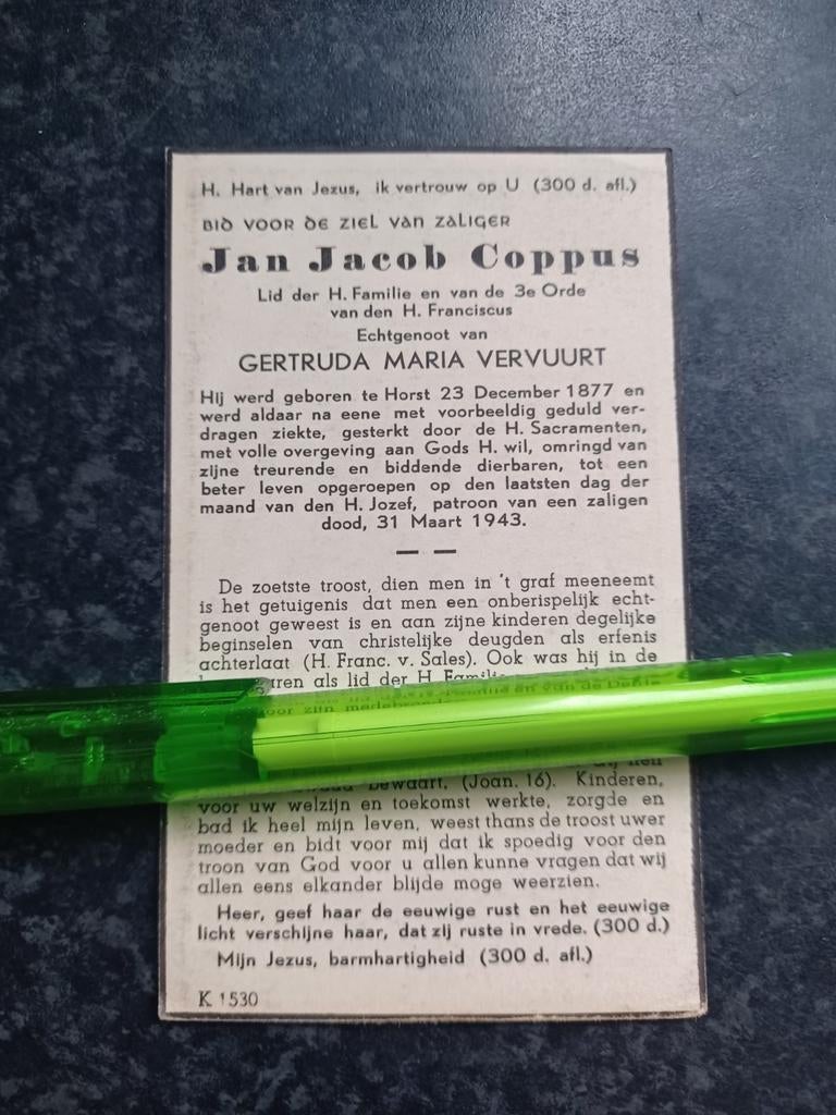 Bidprentje Horst Jan Jacob Coppus 1877 1943, Ophalen, Bidprentje