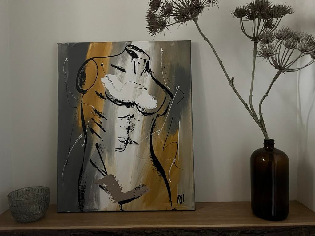Torso van Corrie Leushuis 40x50 cm geel/grijs tinten, Ophalen of Verzenden