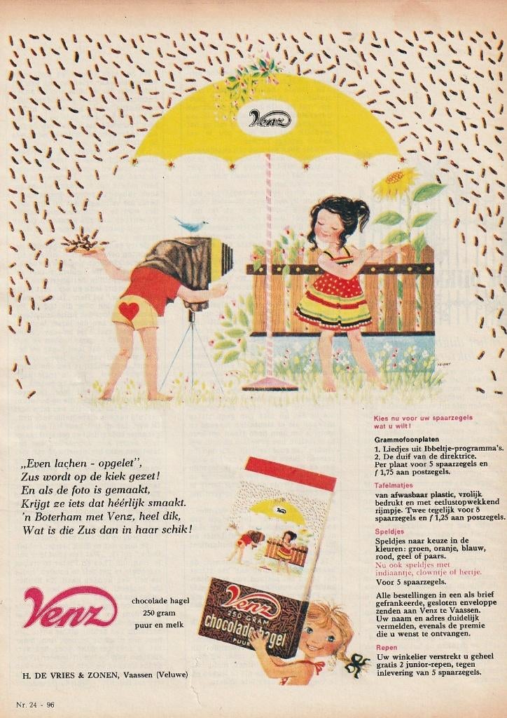 retro reclame 1965 Venz hagelslag zus gaat op de foto, Verzamelen, Retro, Verzenden, Overige typen