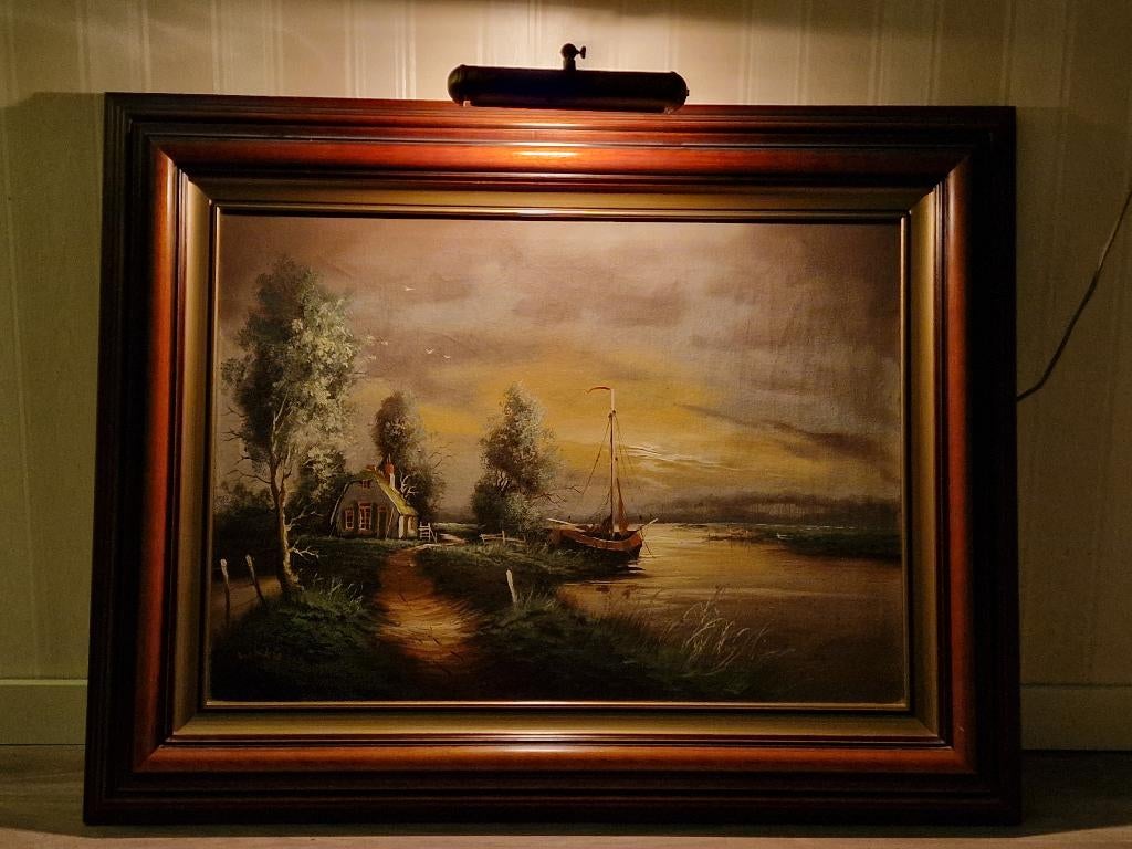 Sfeervol schilderij, Hollands landschap. Met luxe lijst&lamp, Antiek en Kunst, Ophalen