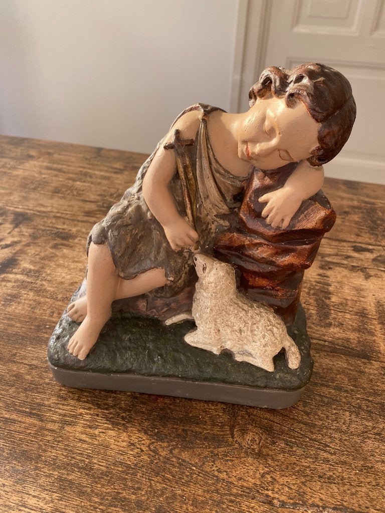 Brocante beeld - Johannes de doper met lam Gods - gips, Ophalen of Verzenden