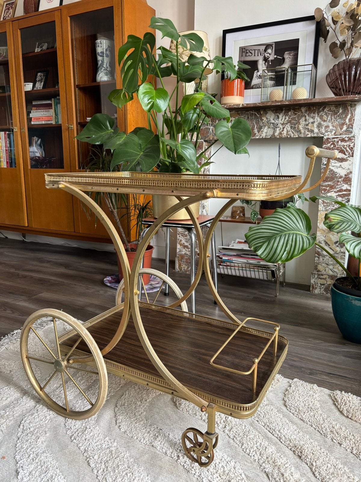 Vintage Messing Serveerwagen met Houten Bladen, Ophalen
