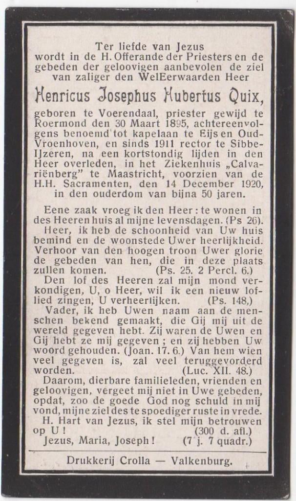 Pastoor Henricus J.H. Quix 1870 Voerendaal + 1920 Maastricht, Verzamelen, Verzenden