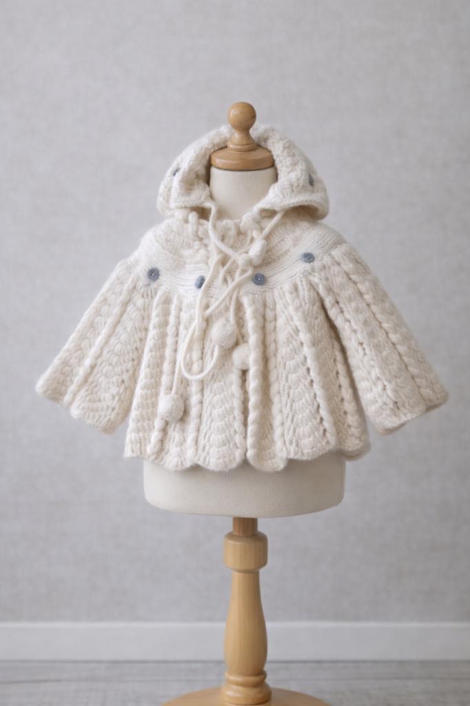 set baby jasje/muts handgebreid wol creme aran kabelpatroon, Ophalen of Verzenden, Gebruikt