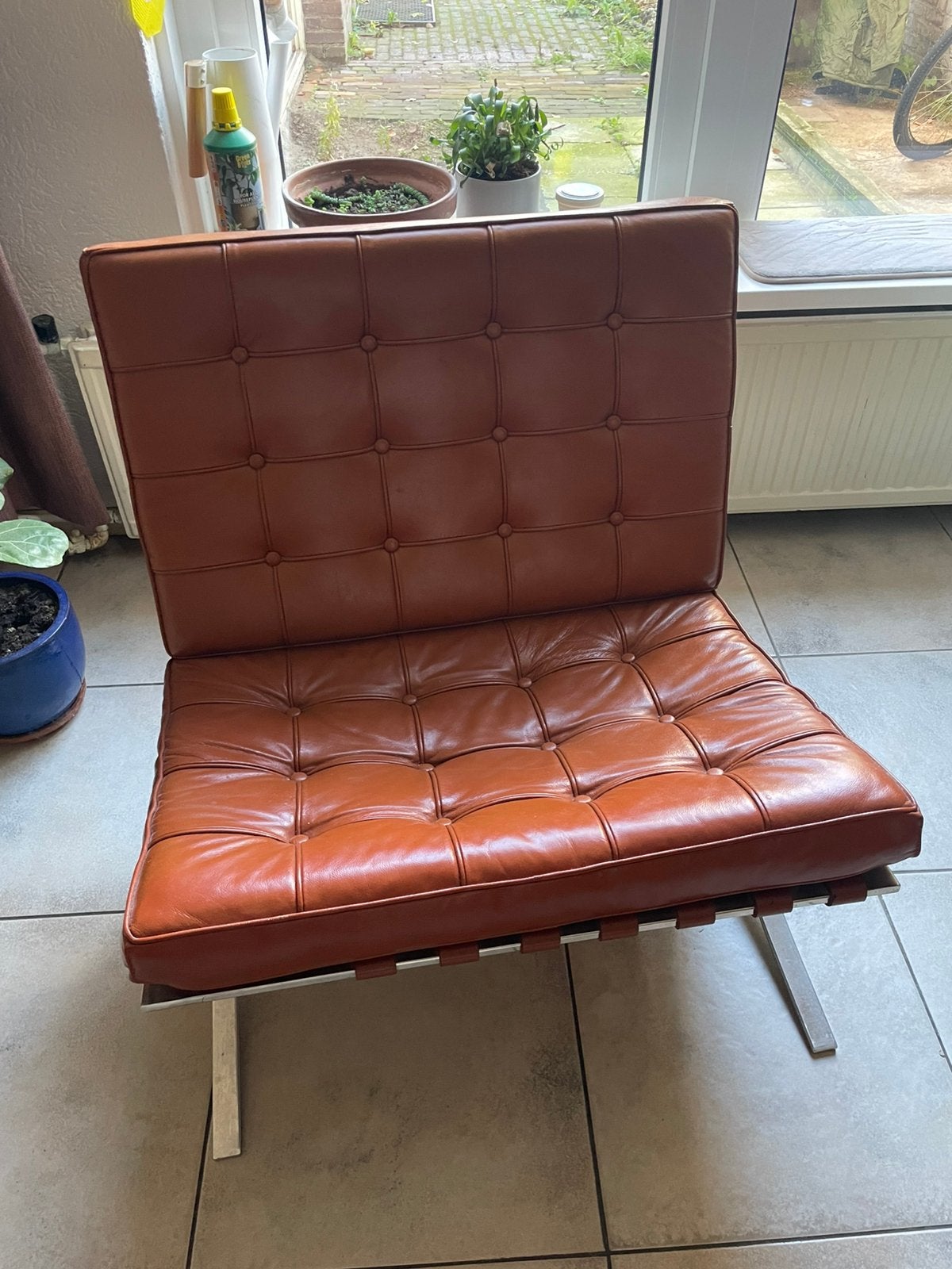 Barcelona Chair, bruin leer, Huis en Inrichting, Fauteuils, Ophalen, Gebruikt, 75 tot 100 cm, Leer