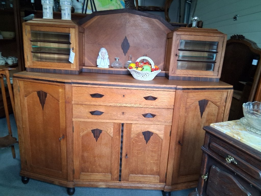 antiek massief eiken buffetkast amsterdamse school, Glas, Gebruikt, Met deur(en), 200 cm of meer