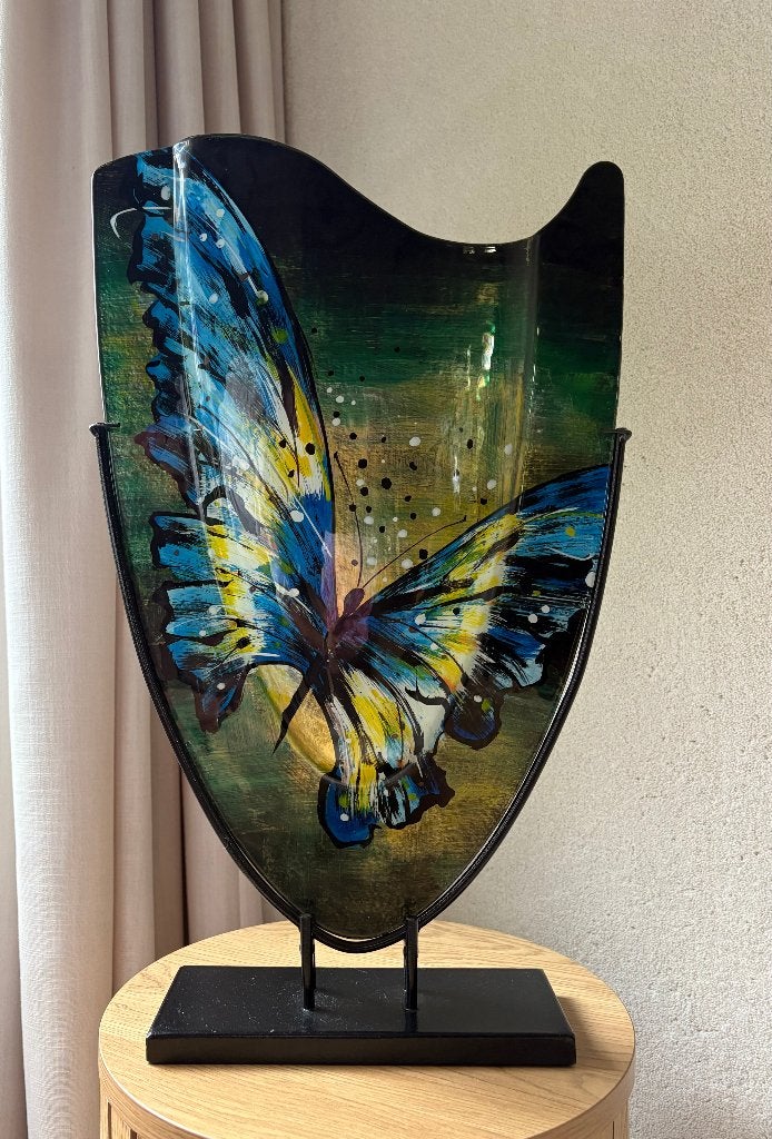 Grote Butterfly design vaas XL op standaard, Antiek en Kunst, Ophalen of Verzenden, 57 cm, Vaas, Meerkleurig