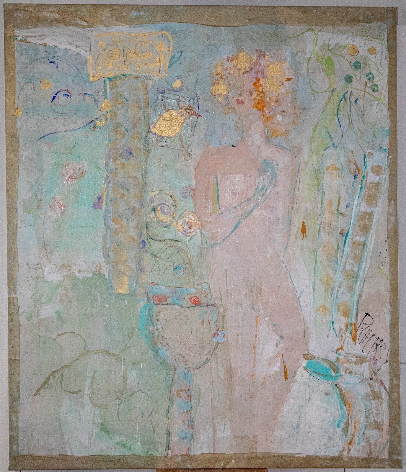 Schilderij: Abstracte Vrouw met Gouden Accent, Ophalen, Abstract, Acrylverf, Gesigneerd