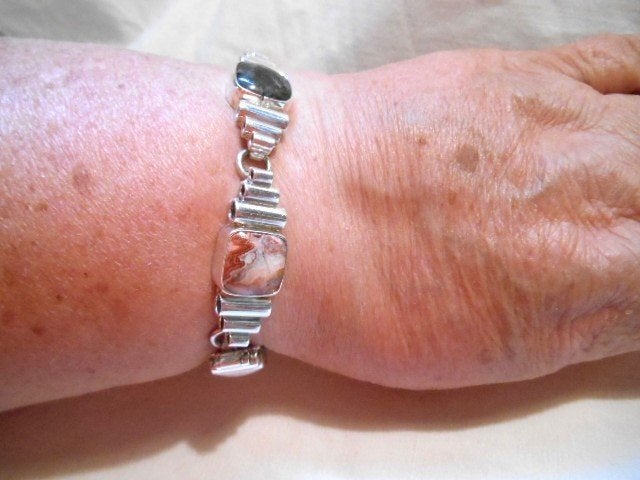 Echt zilveren schakel armband met 5 kleuren jaspis, Verzenden, Zilver, Armband, Met edelsteen
