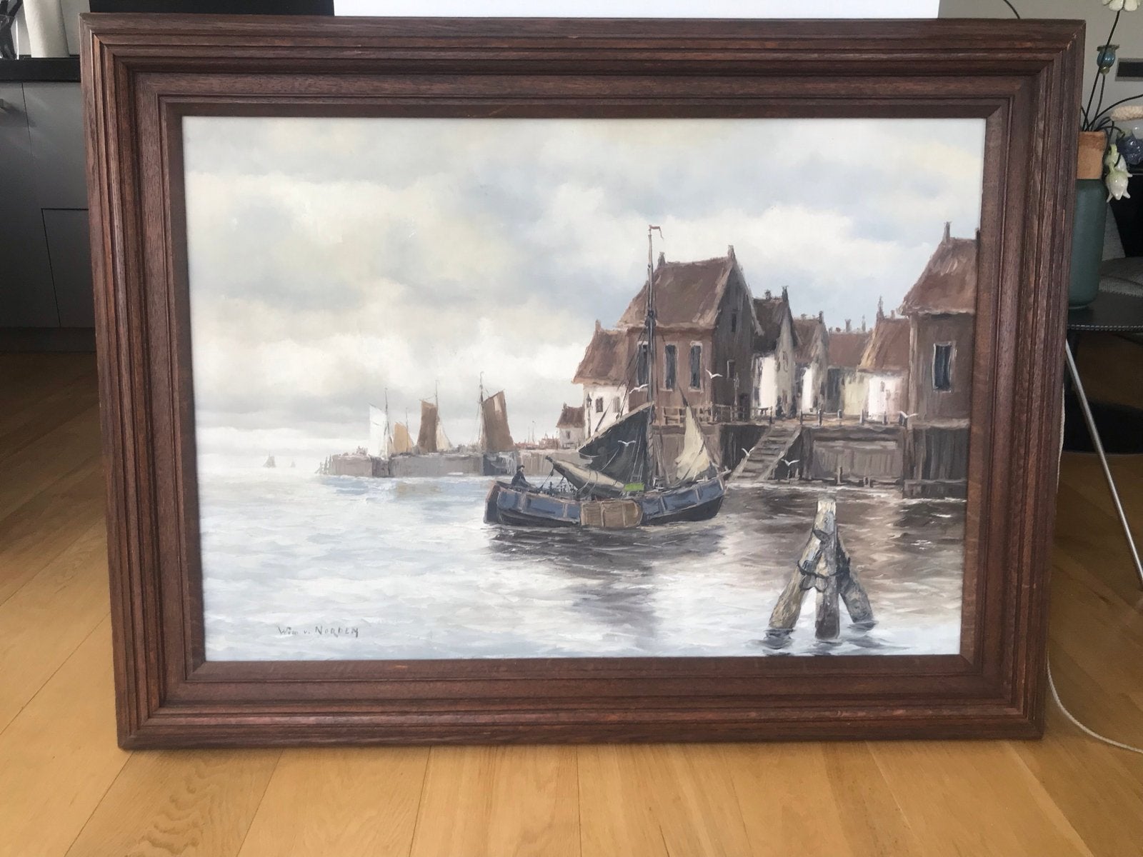 Olieverfschilderij van Willem van Norden: Havenzicht., Ophalen, Maritiem / water, Doek, Realistisch