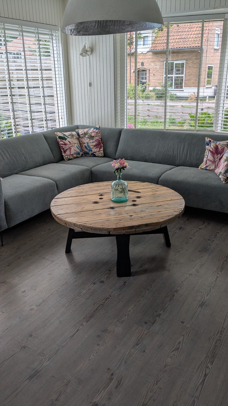 Uniek stoere salontafel haspelblad, Ophalen, Gebruikt, Rond, Overige houtsoorten