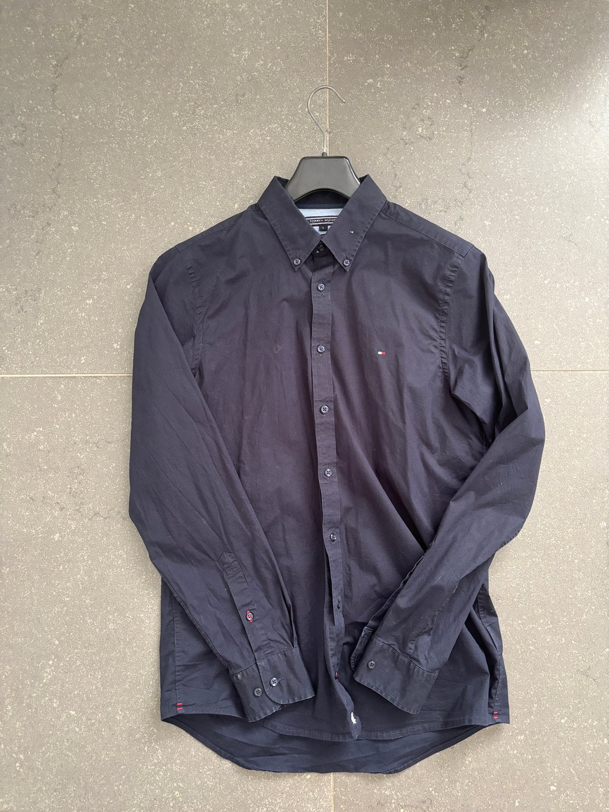 Tommy Hilfiger Slim Fit Stretch overhemd - Maat L, Kleding | Heren, Ophalen of Verzenden, Zo goed als nieuw, Blauw, Halswijdte 41/42 (L)