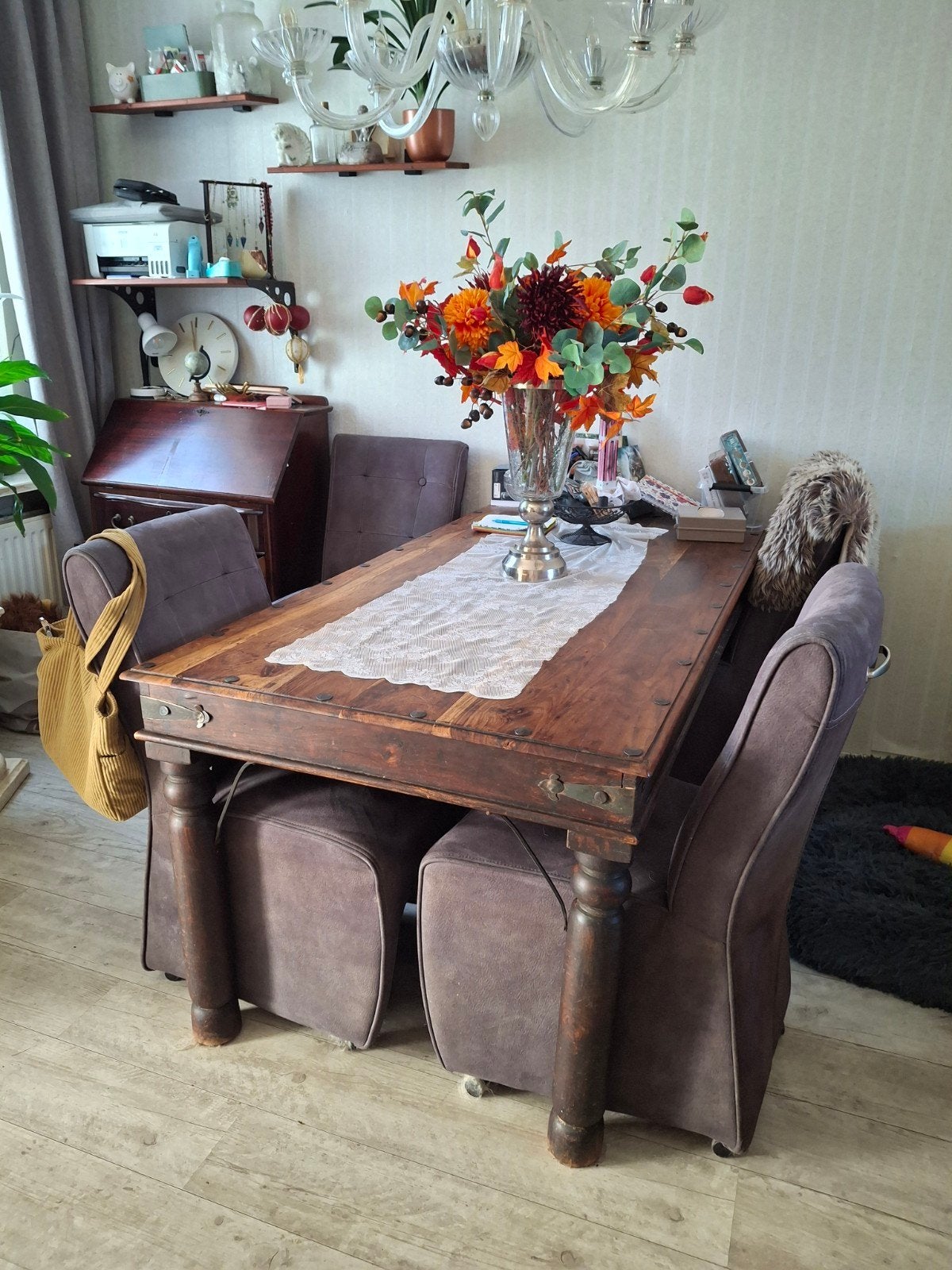 Robuuste houten koloniale eettafel met lade - 184x90,5 cm, Huis en Inrichting, Tafels | Eettafels, Ophalen, Gebruikt, 50 tot 100 cm