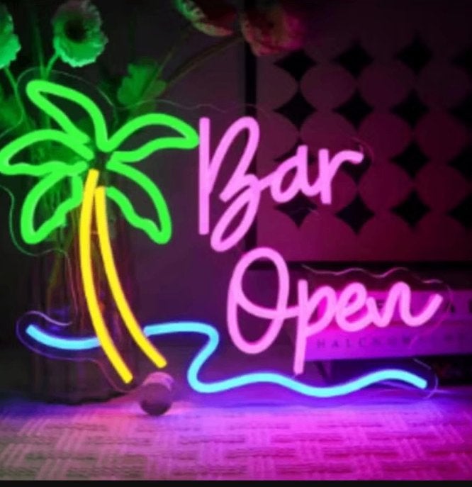 LED lamp neon stijl Bar Open met Palmboom (38x30cm)