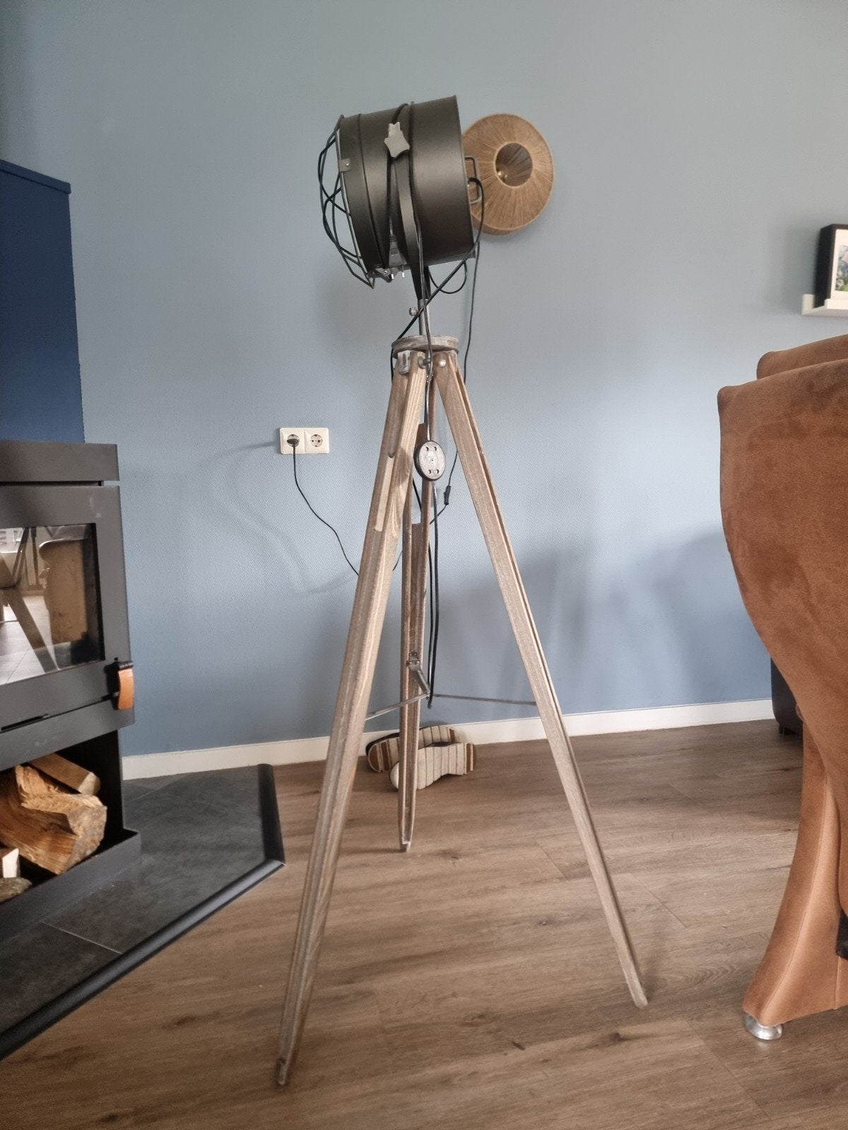 Industriële Vloerlamp met Statief, Ophalen, E27 (groot), 150 tot 200 cm, Hout