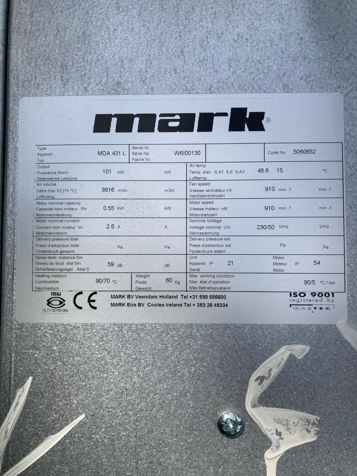 101 kw luchtverwarming Mark mda 431 l, Ophalen, Gebruikt, Overige typen, 60 tot 150 cm