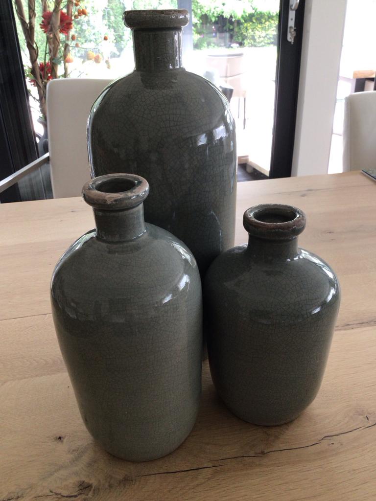 Set van 3 decoratieve vazen - grijs/groen craquelé, Ophalen of Verzenden