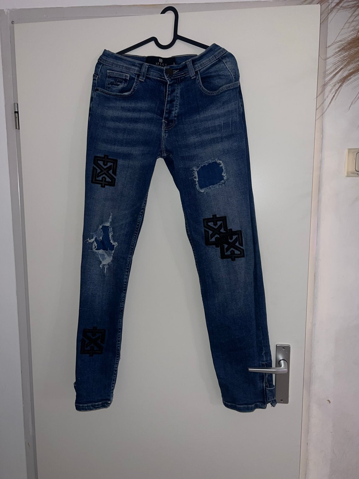 Heren jeans met patches en gaten, Ophalen, Zo goed als nieuw, Blauw, W32 (confectie 46) of kleiner