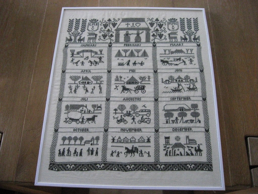 Dutch needle work, borduurwerk kalender in lijst, Verzenden